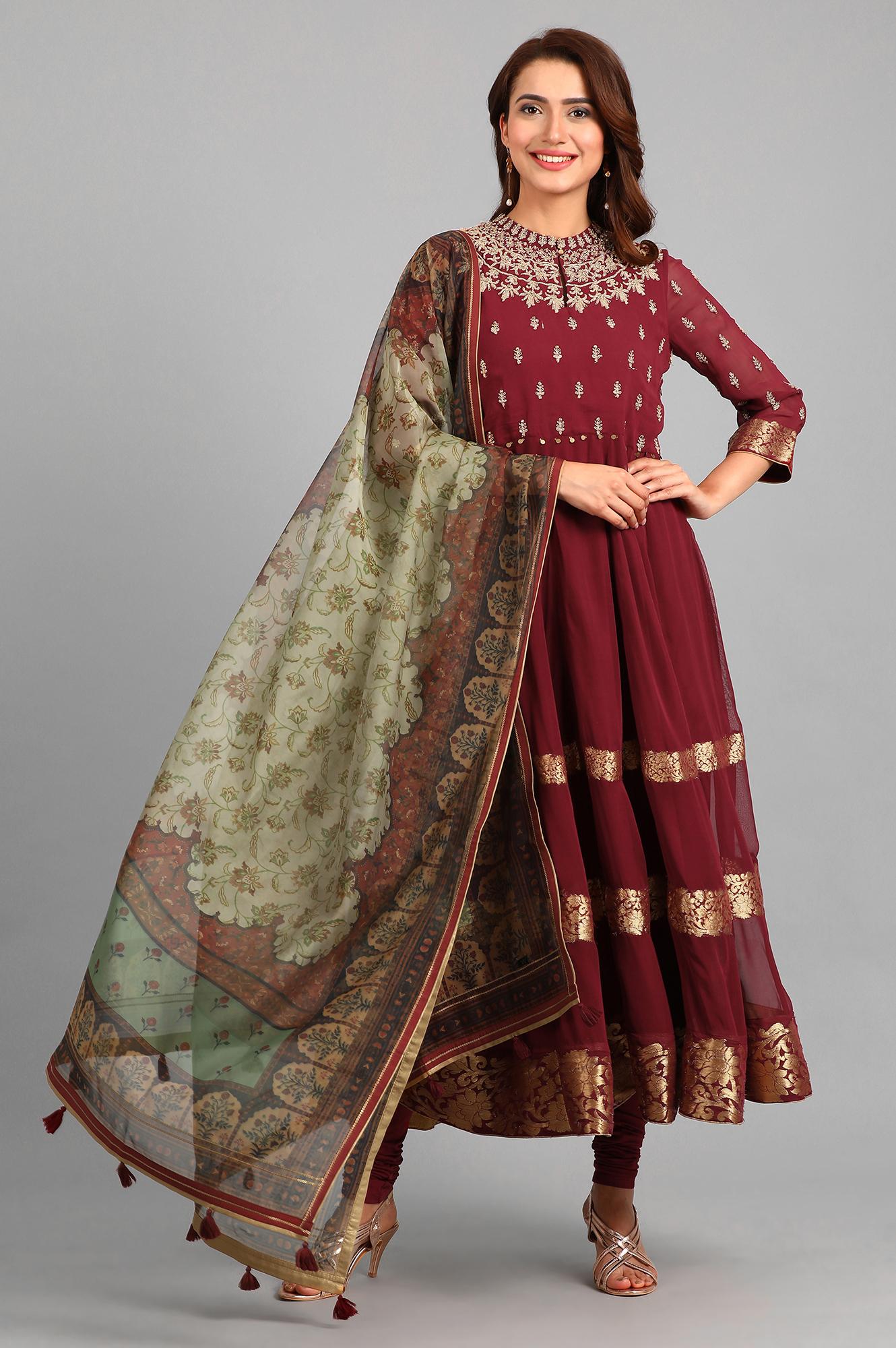 Maroon Mandarin Neck Yarn-dyed kurta Set