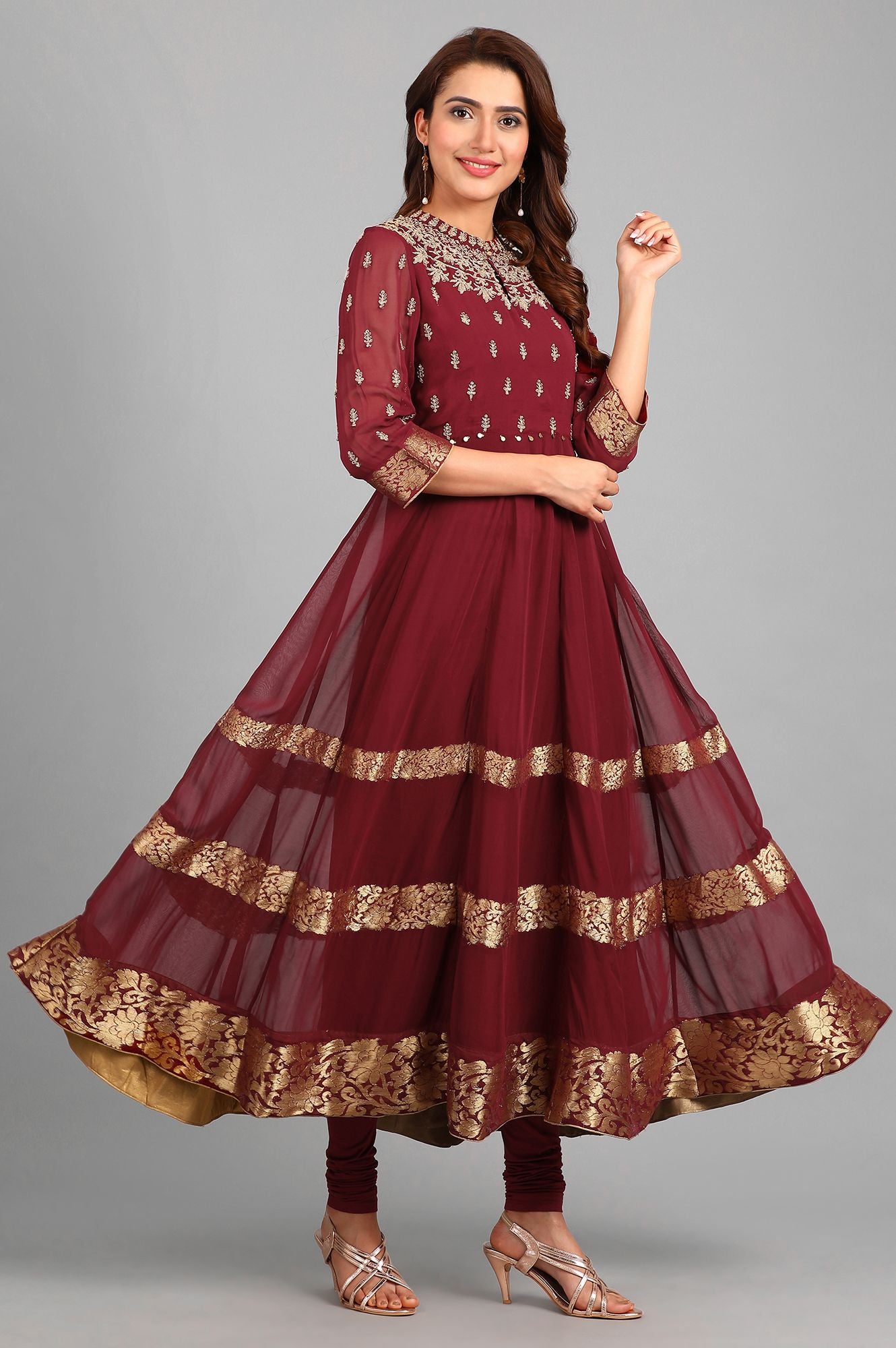 Maroon Mandarin Neck Yarn-dyed kurta Set