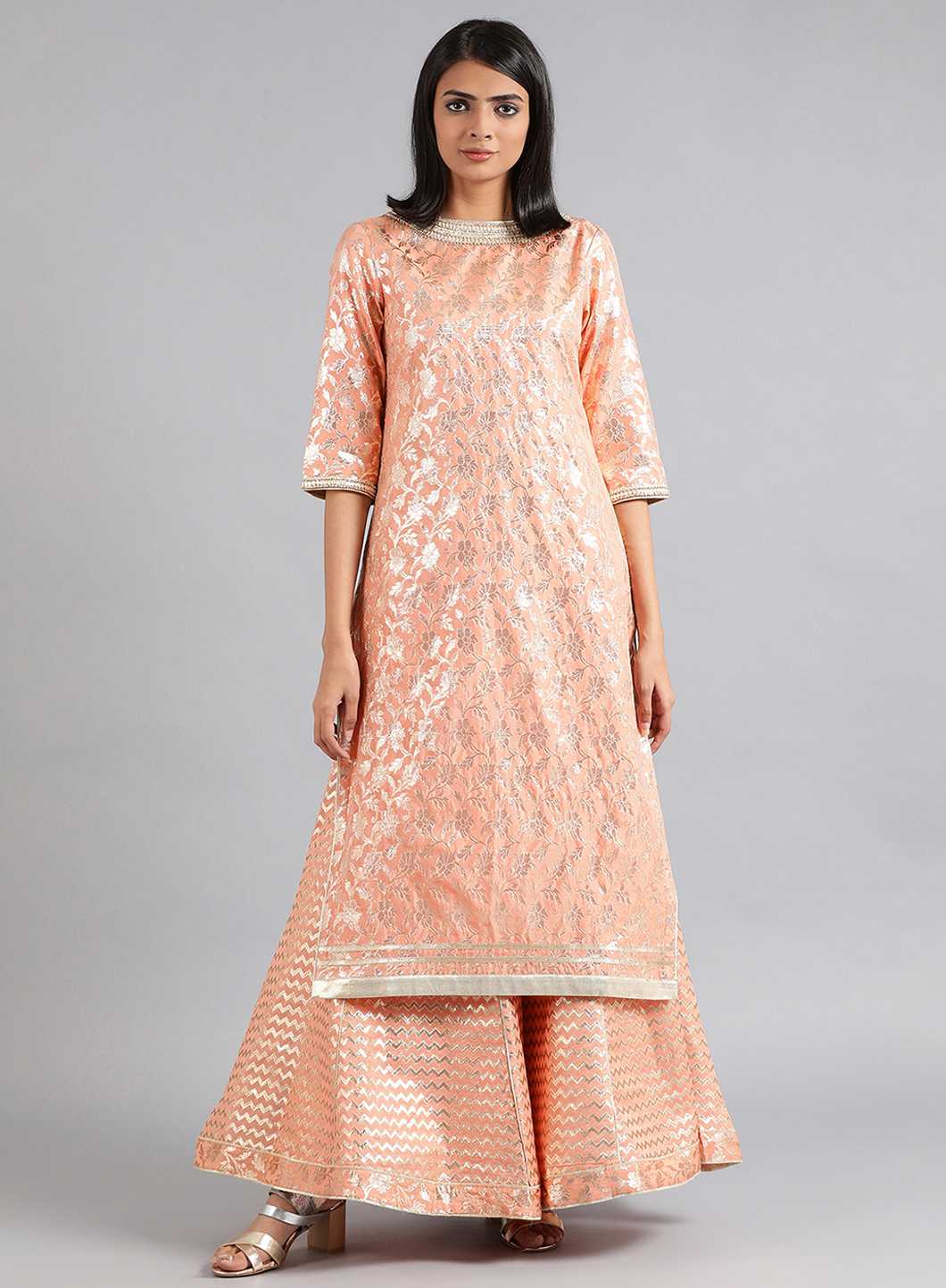 Peach Round Neck Embellished kurta Set