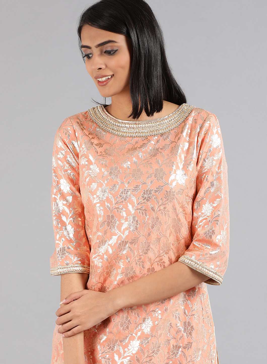 Peach Round Neck Embellished kurta Set