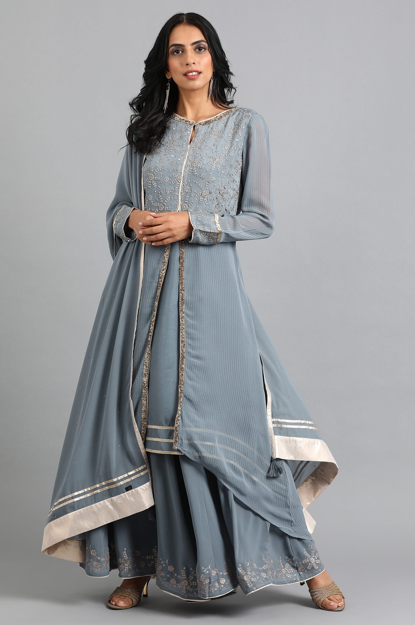 Grey Round Neck Solid kurta Set