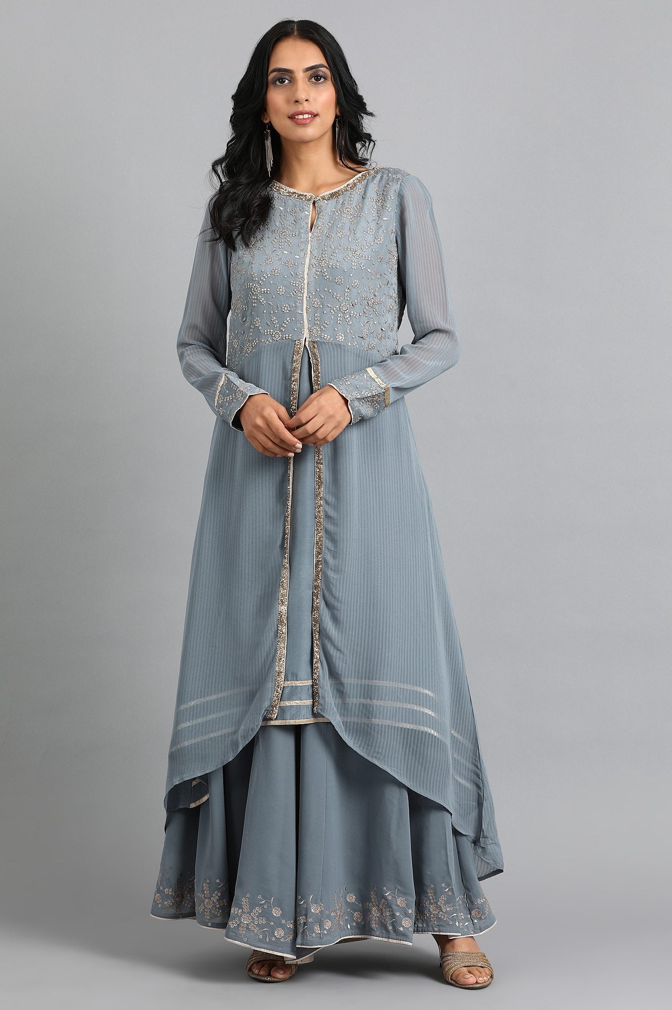 Grey Round Neck Solid kurta Set