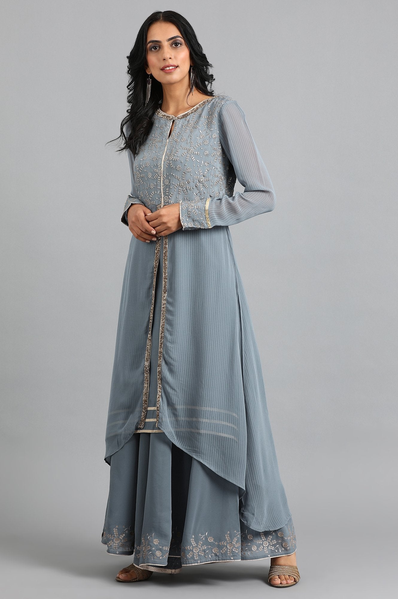 Grey Round Neck Solid kurta Set