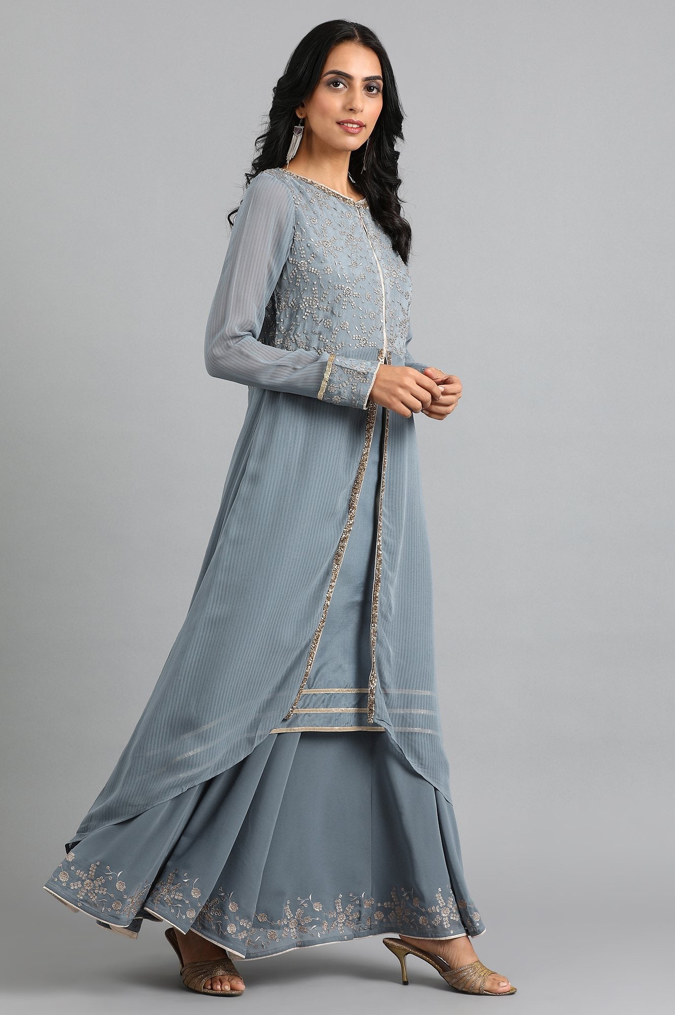 Grey Round Neck Solid kurta Set
