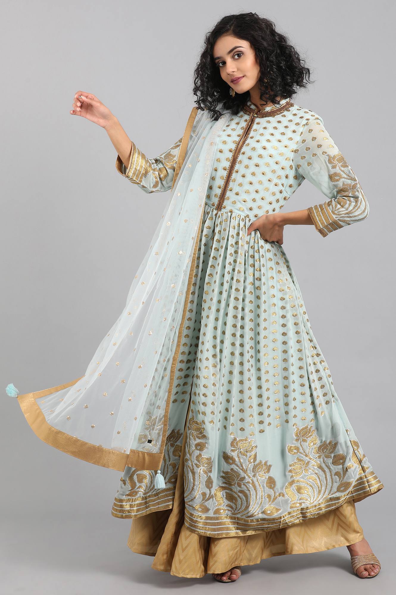 Blue Mandarin Collar Yarn-dyed kurta Set