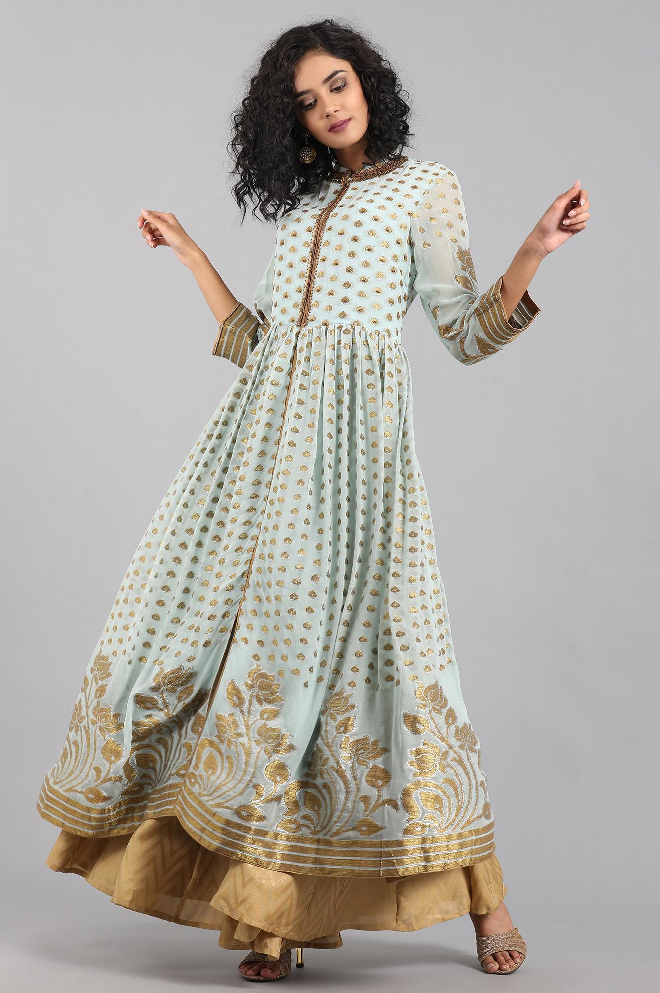 Blue Mandarin Collar Yarn-dyed kurta Set