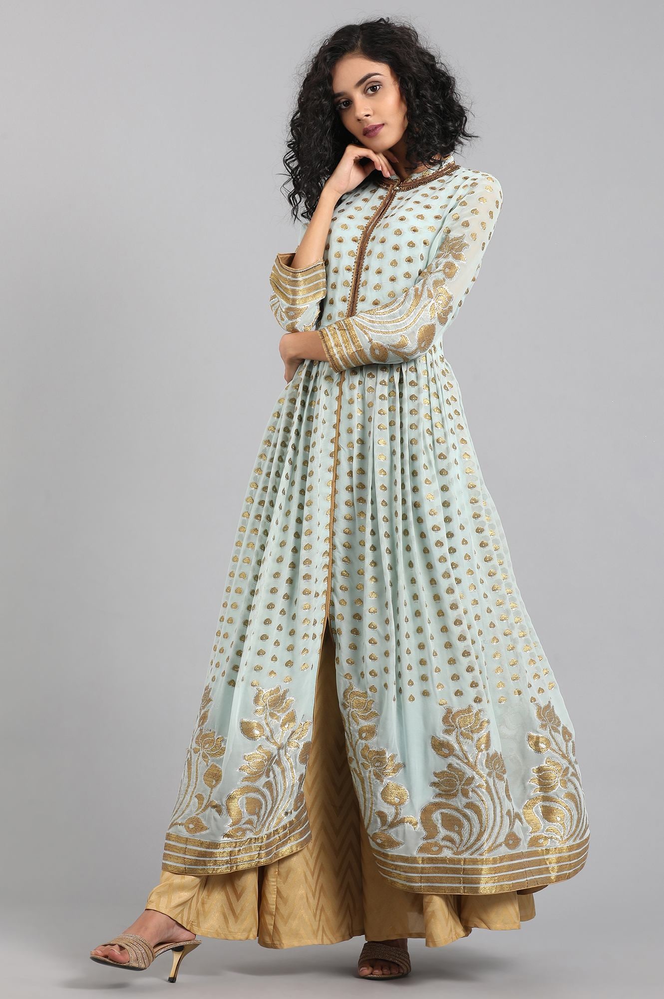 Blue Mandarin Collar Yarn-dyed kurta Set