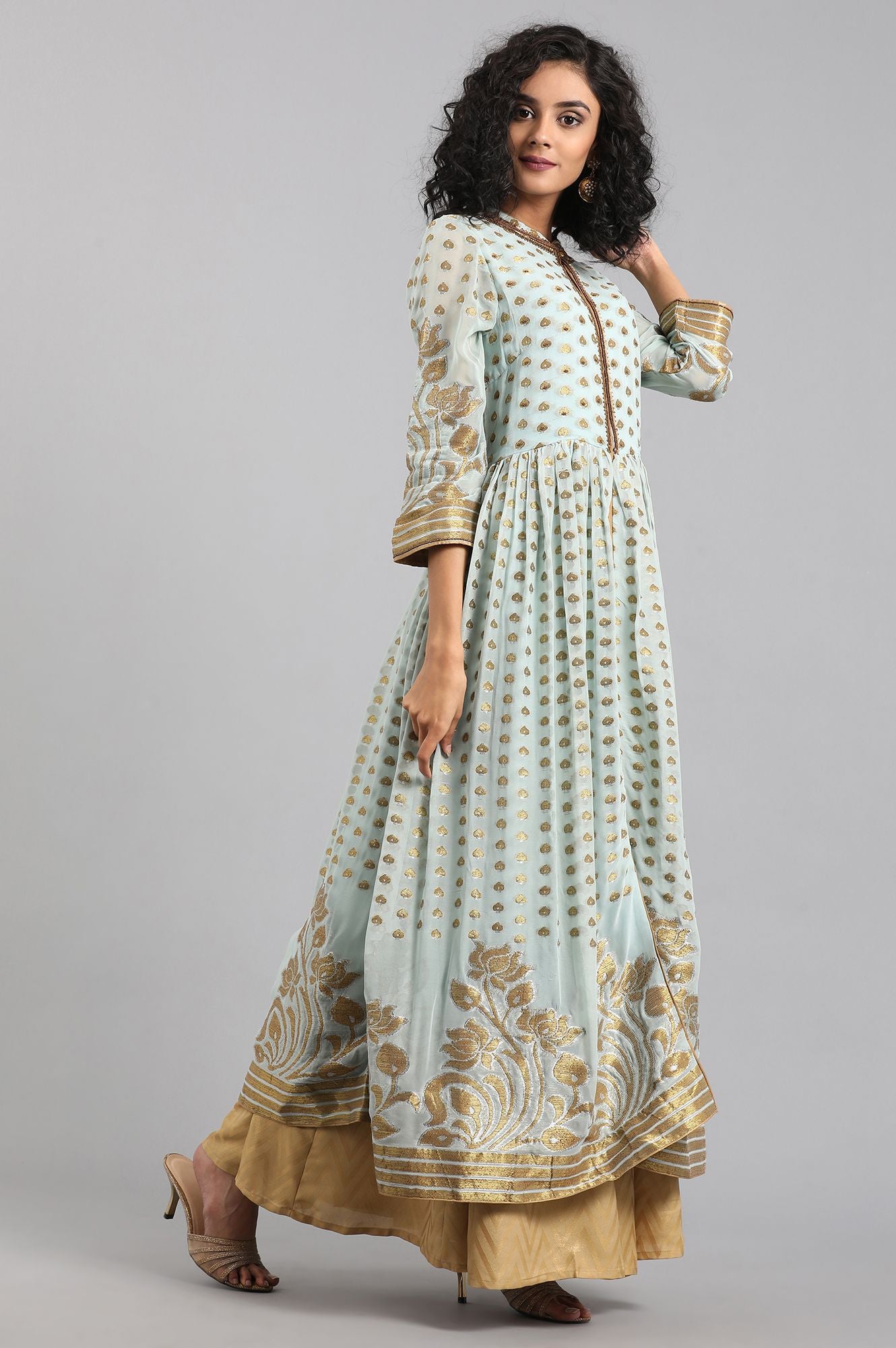 Blue Mandarin Collar Yarn-dyed kurta Set