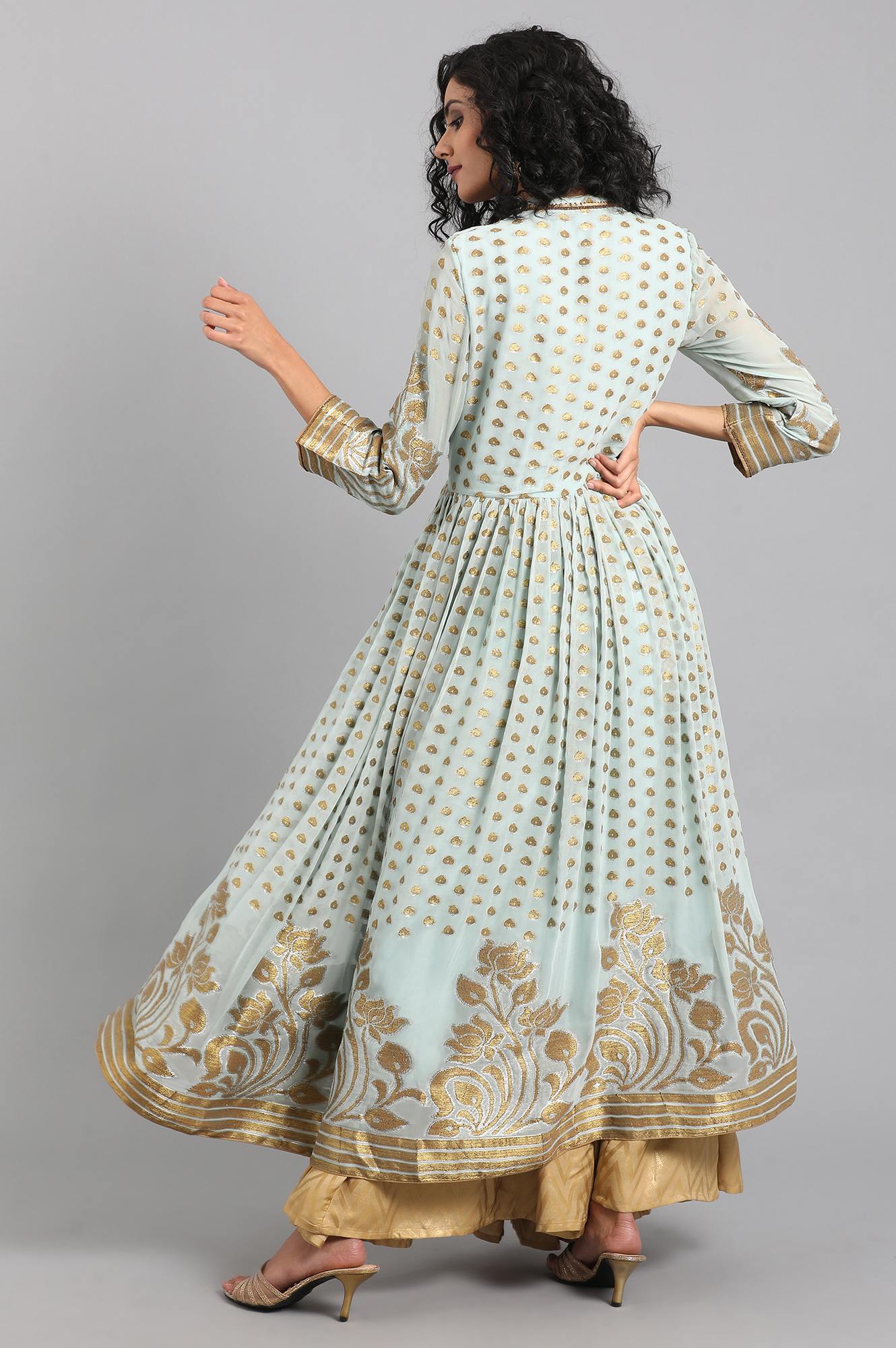 Blue Mandarin Collar Yarn-dyed kurta Set