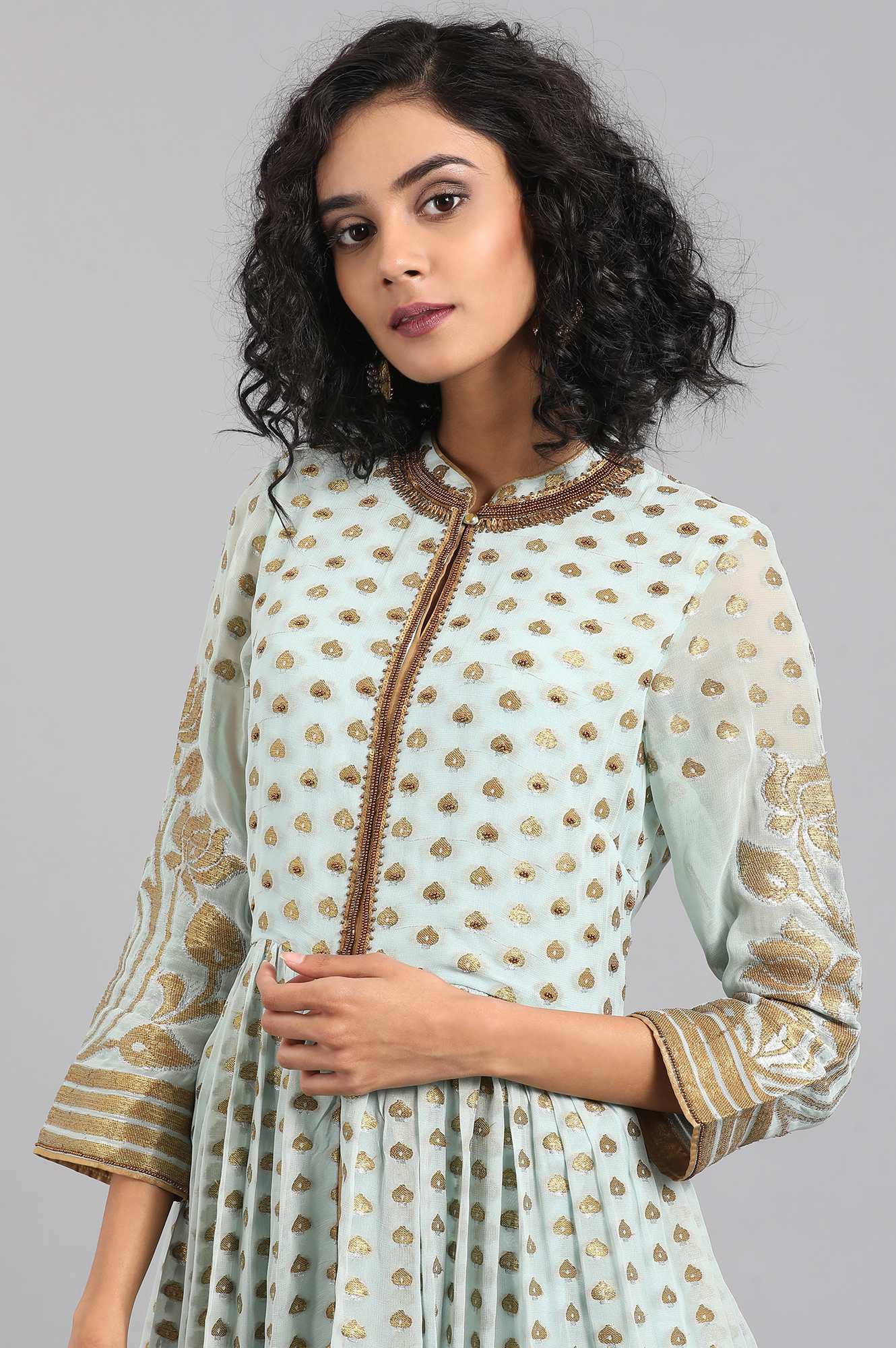 Blue Mandarin Collar Yarn-dyed kurta Set