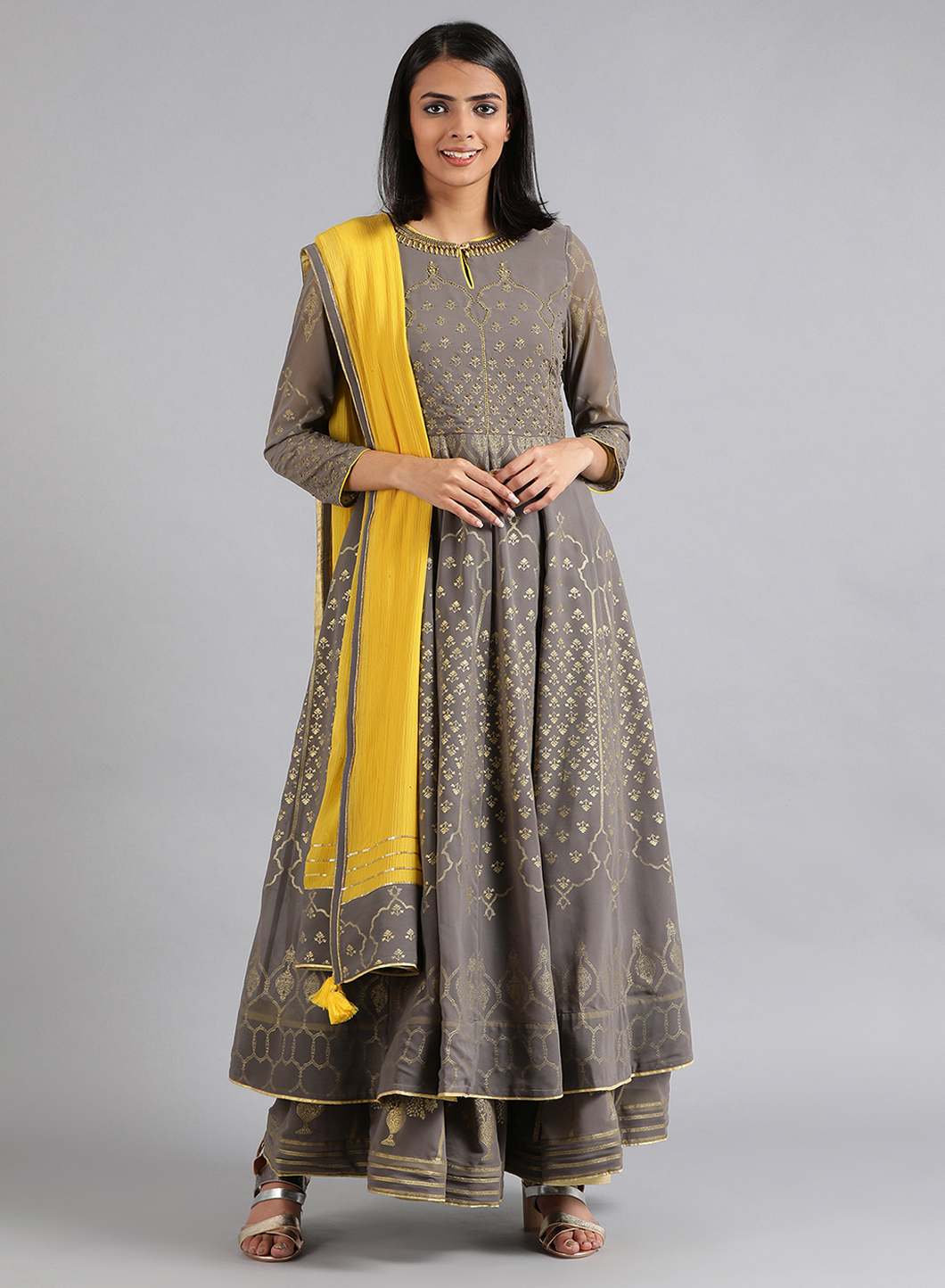 Grey Round Neck kurta Set