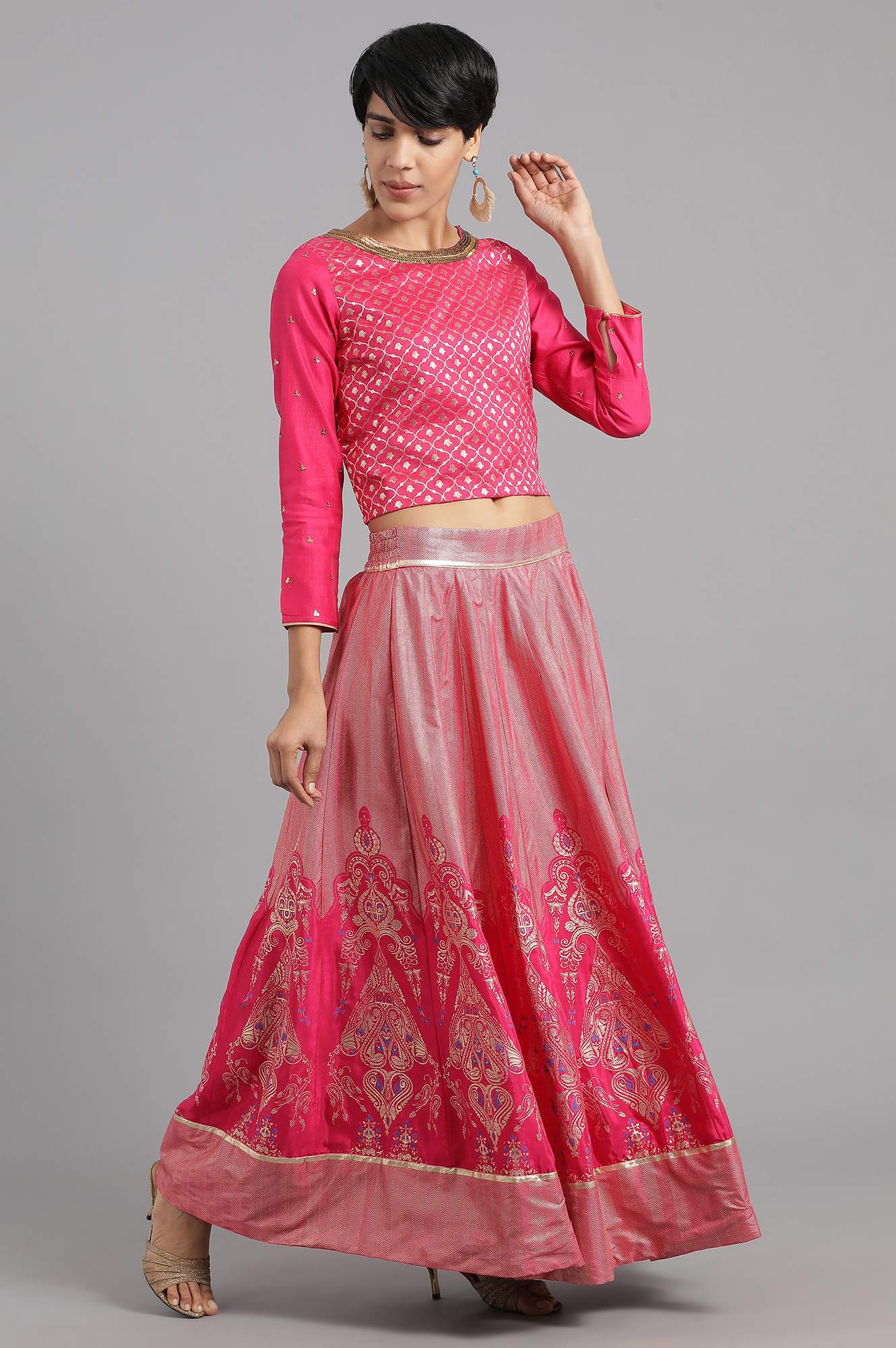 Pink Round Neck Yarn-dyed kurta Set