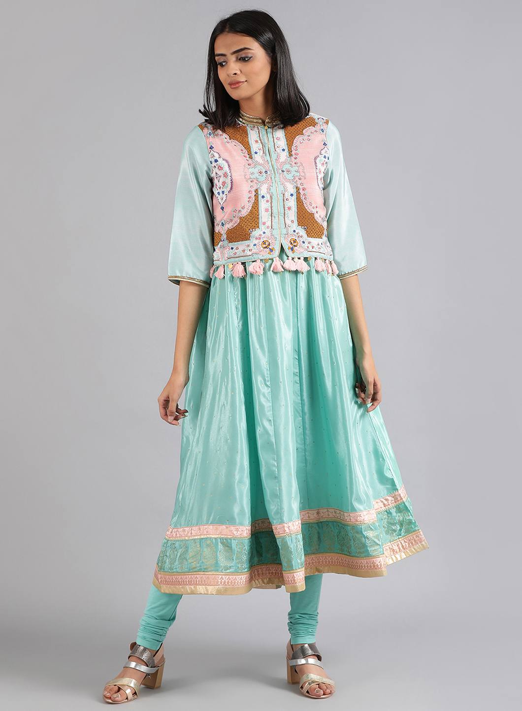 Green Mandarin Neck Printed kurta Set
