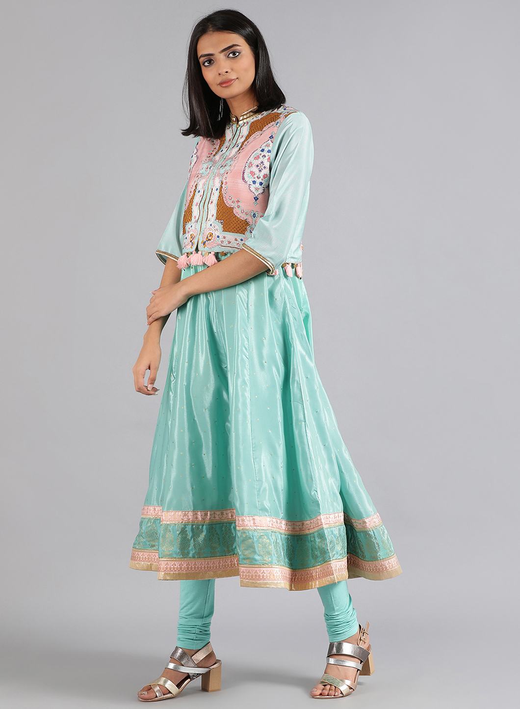 Green Mandarin Neck Printed kurta Set