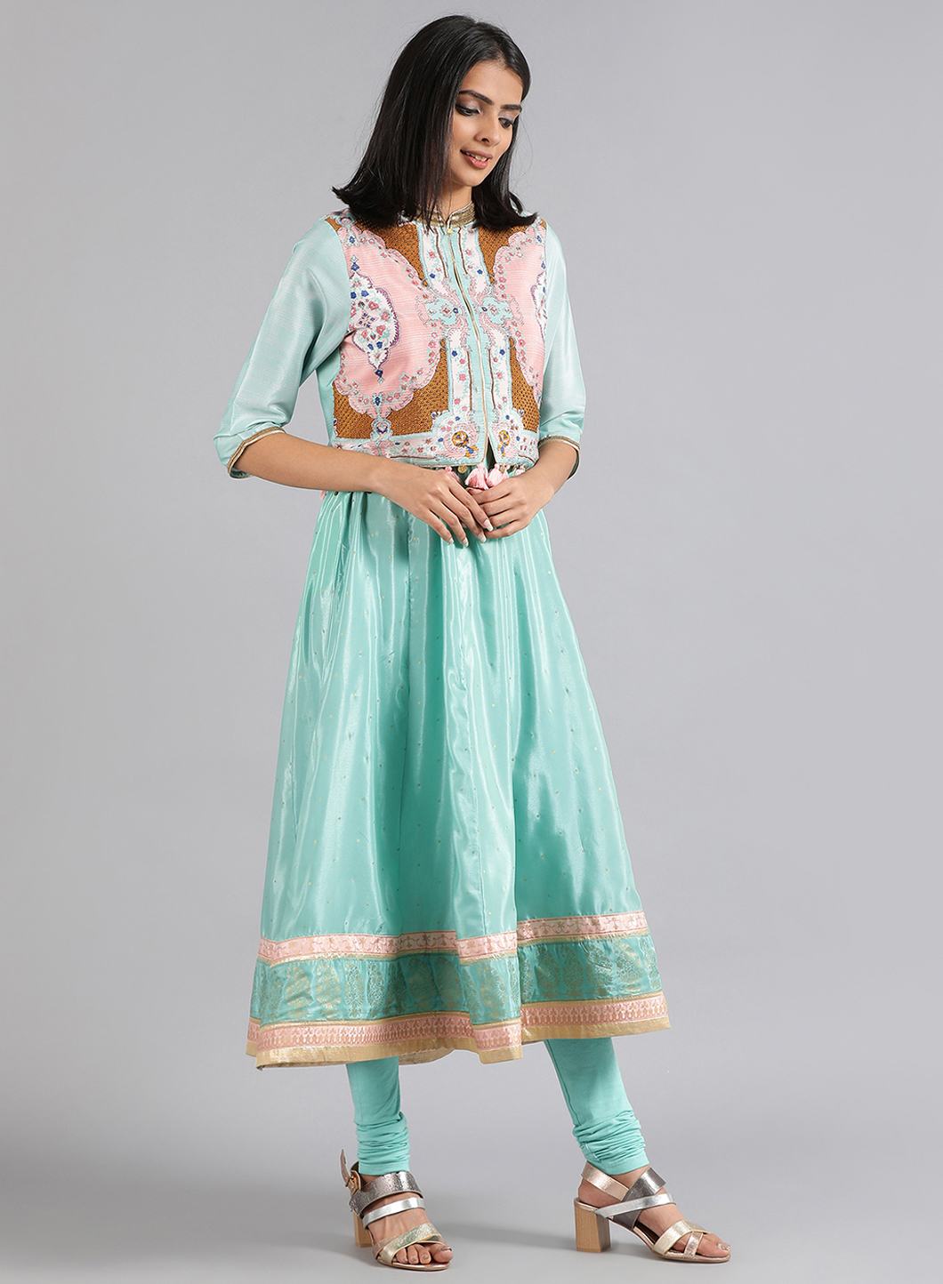Green Mandarin Neck Printed kurta Set