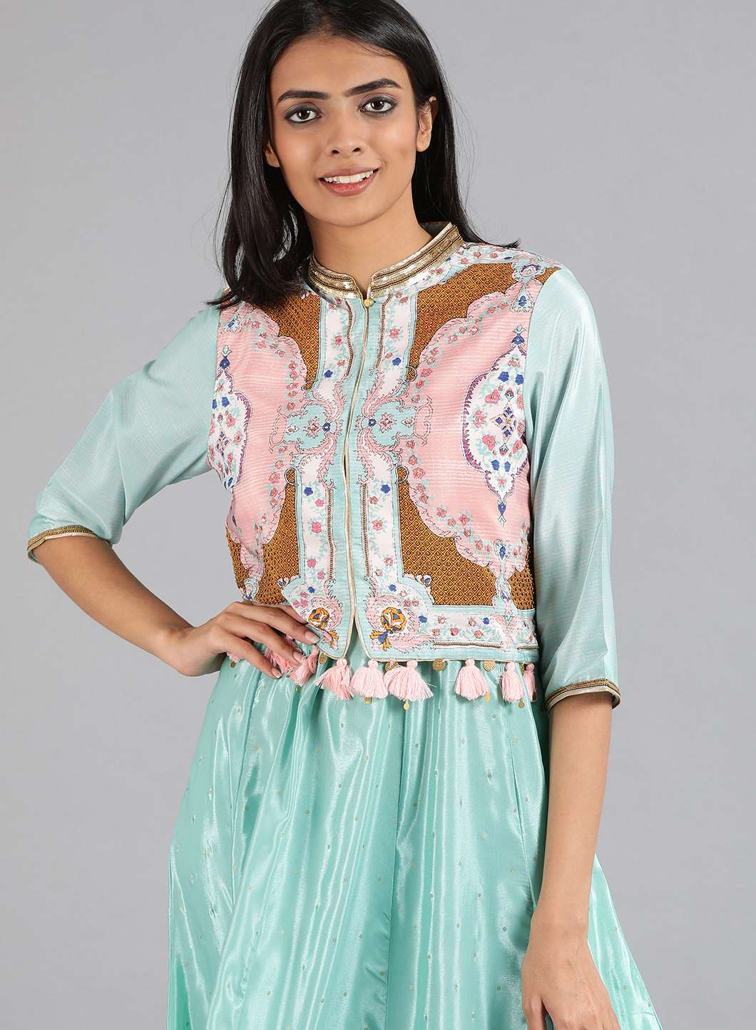 Green Mandarin Neck Printed kurta Set