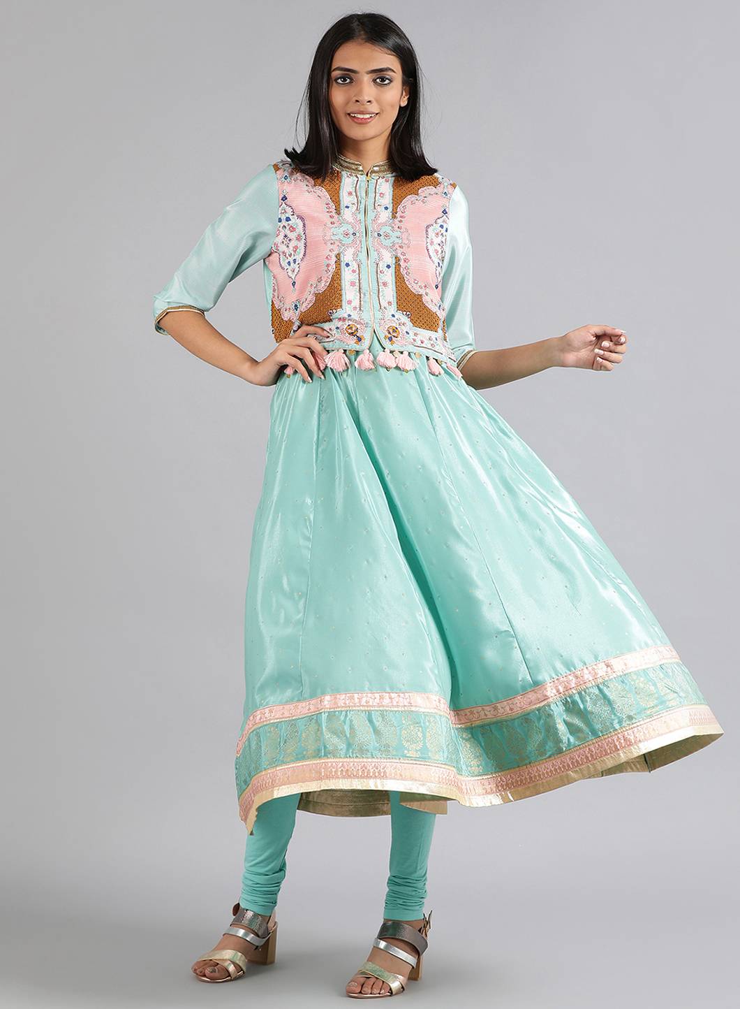 Green Mandarin Neck Printed kurta Set