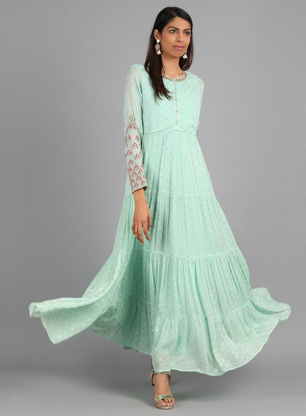 Blue Round Neck Embellished kurta Dress
