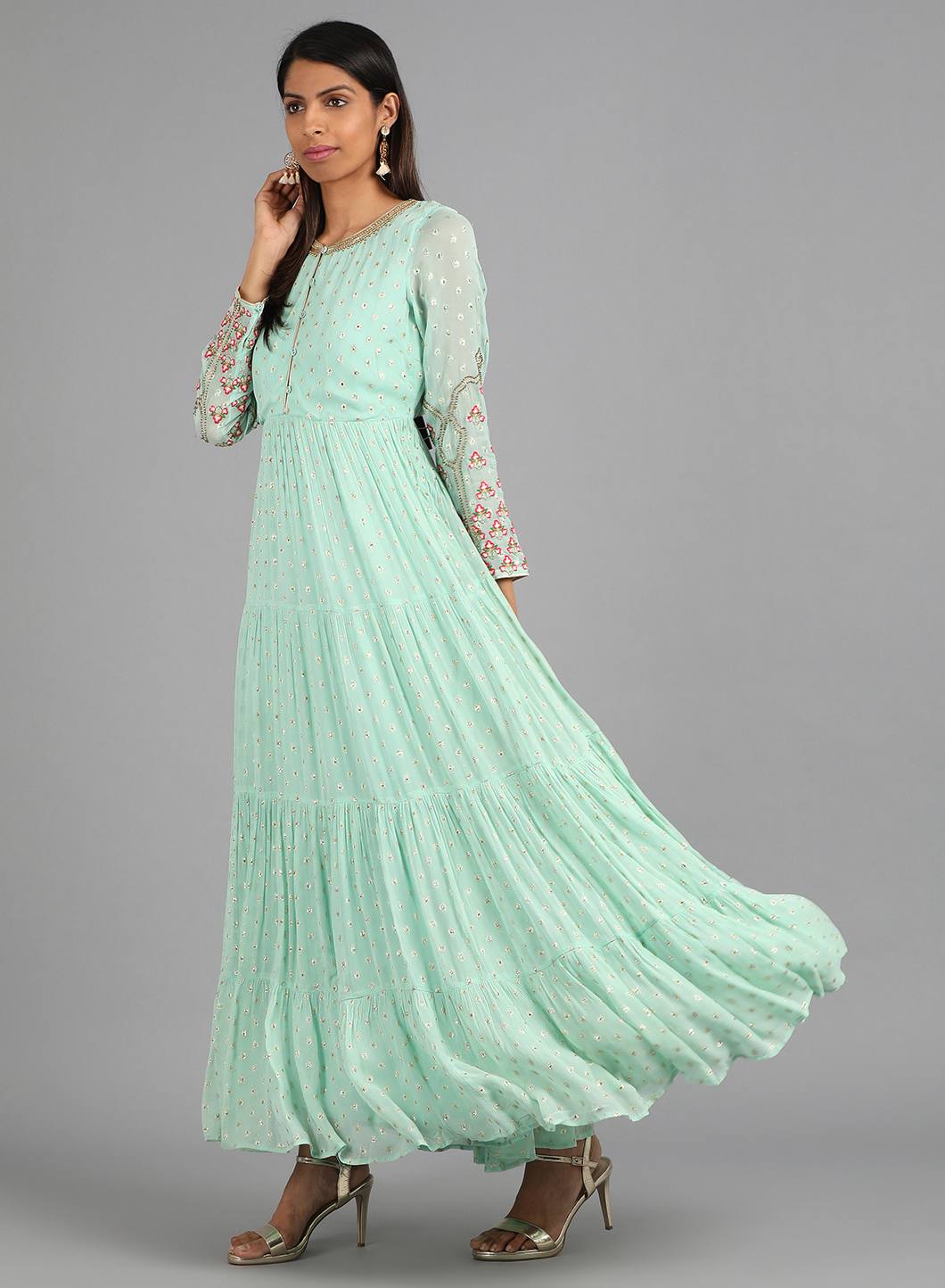 Blue Round Neck Embellished kurta Dress
