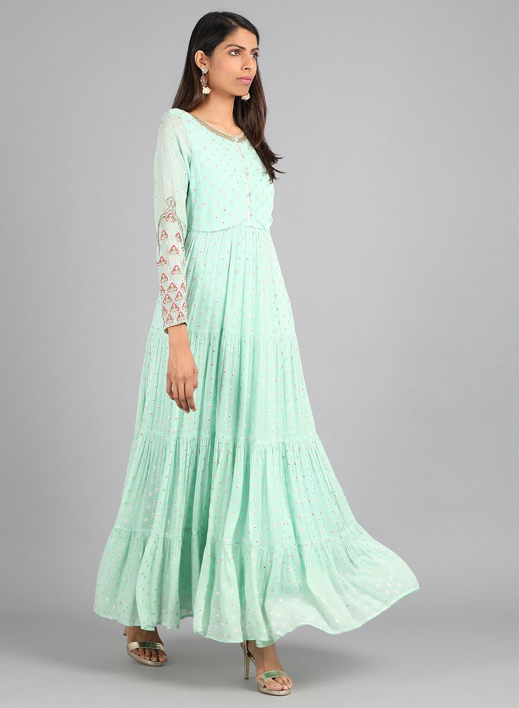 Blue Round Neck Embellished kurta Dress