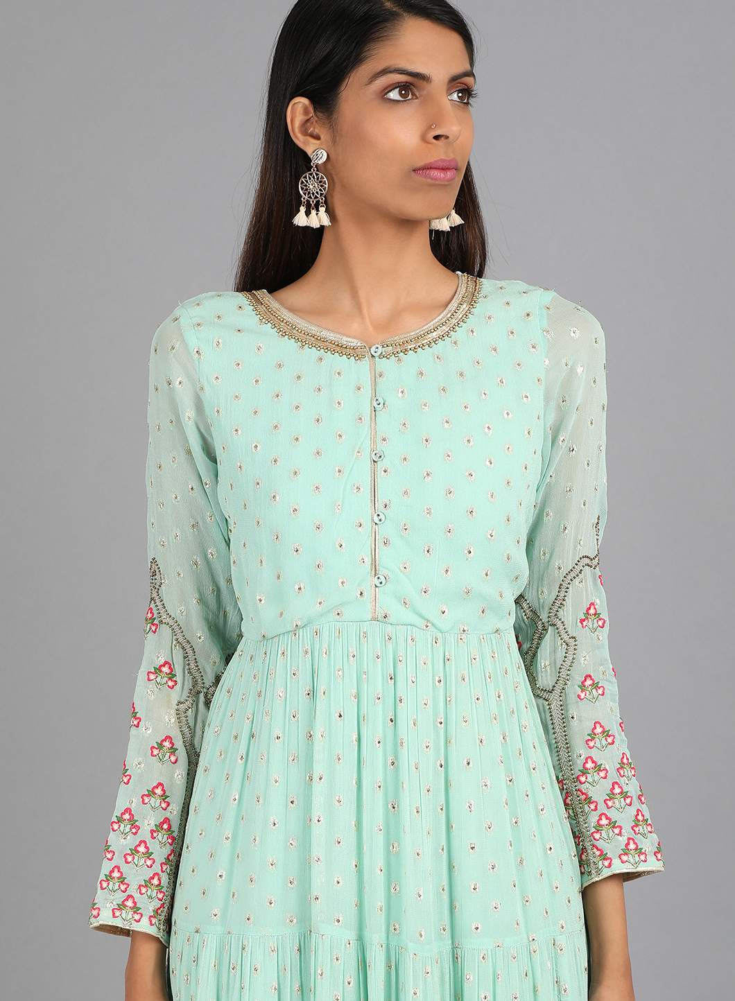Blue Round Neck Embellished kurta Dress
