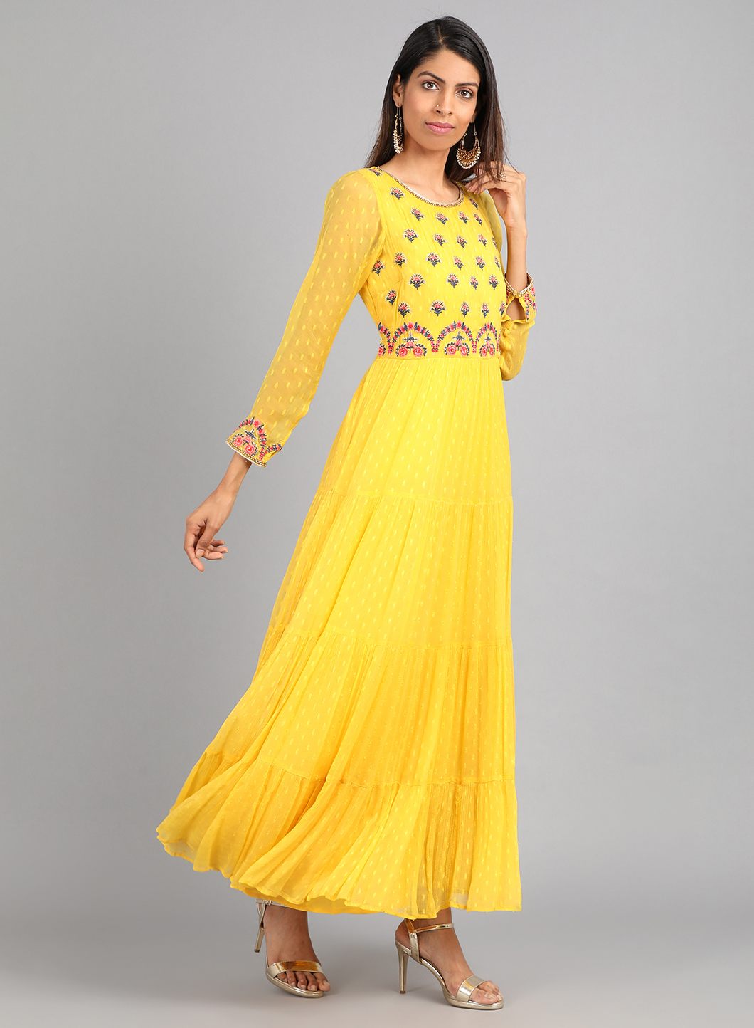 Yellow Round Neck Embellished kurta Dress
