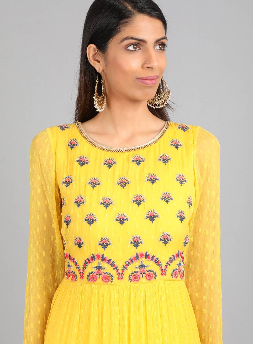 Yellow Round Neck Embellished kurta Dress