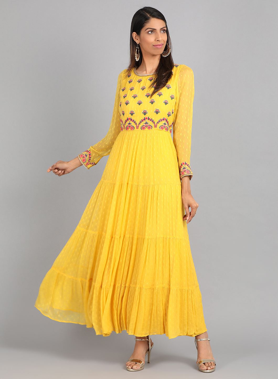 Yellow Round Neck Embellished kurta Dress