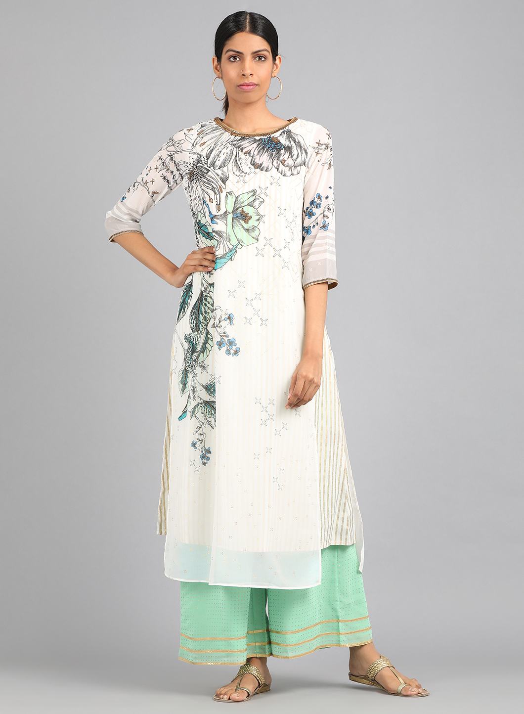 Ecru Round Neck Printed kurta