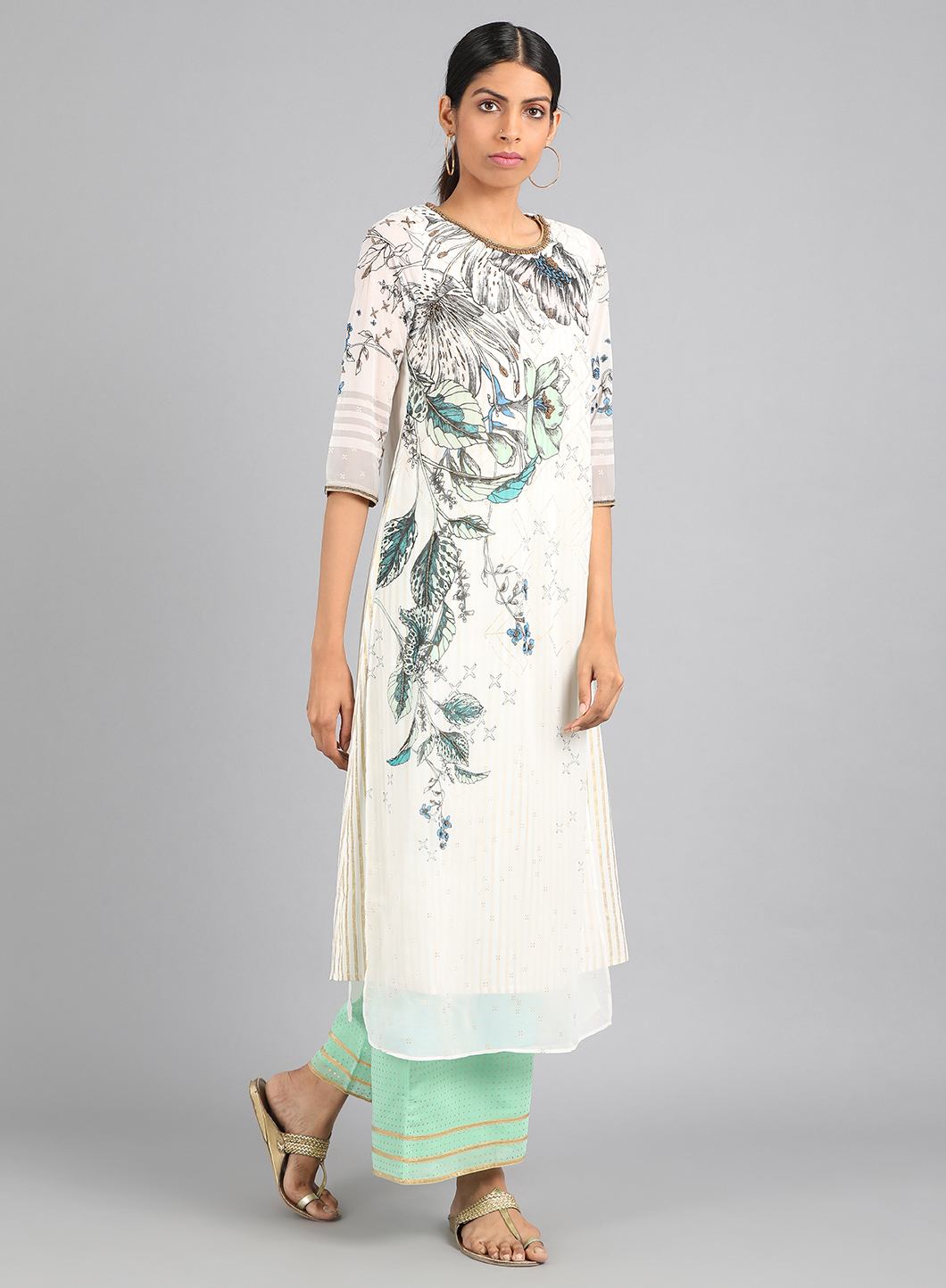 Ecru Round Neck Printed kurta