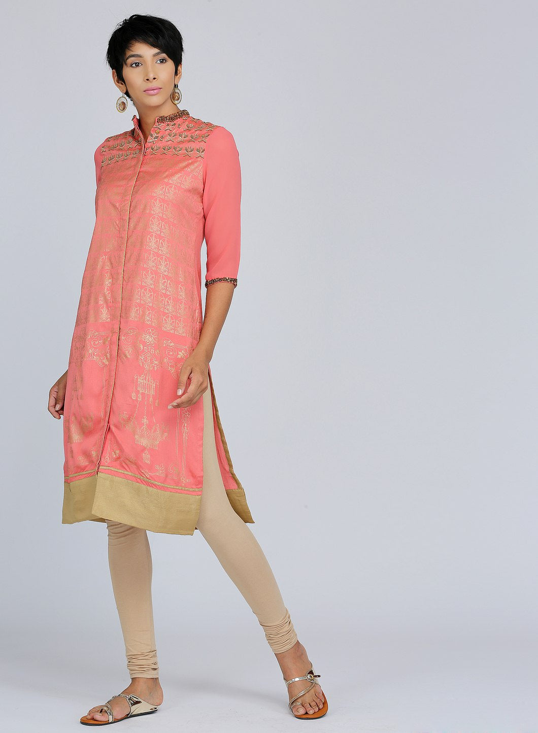 Coral Mandarin Neck Embellished kurta