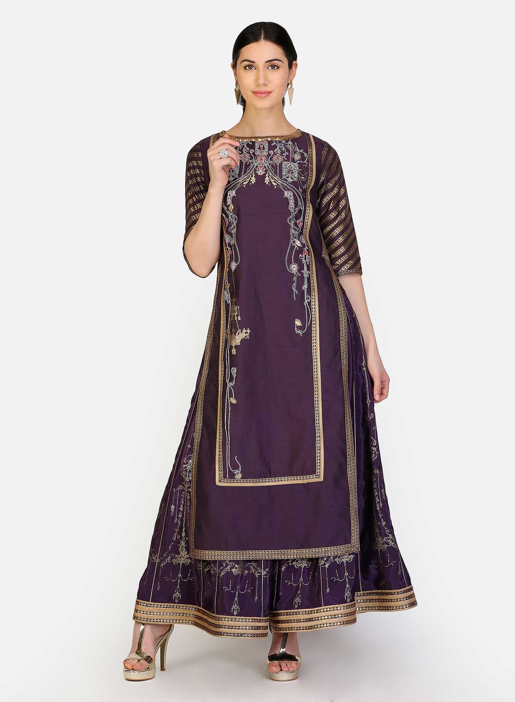 Purple Round Neck Embellished Straight kurta