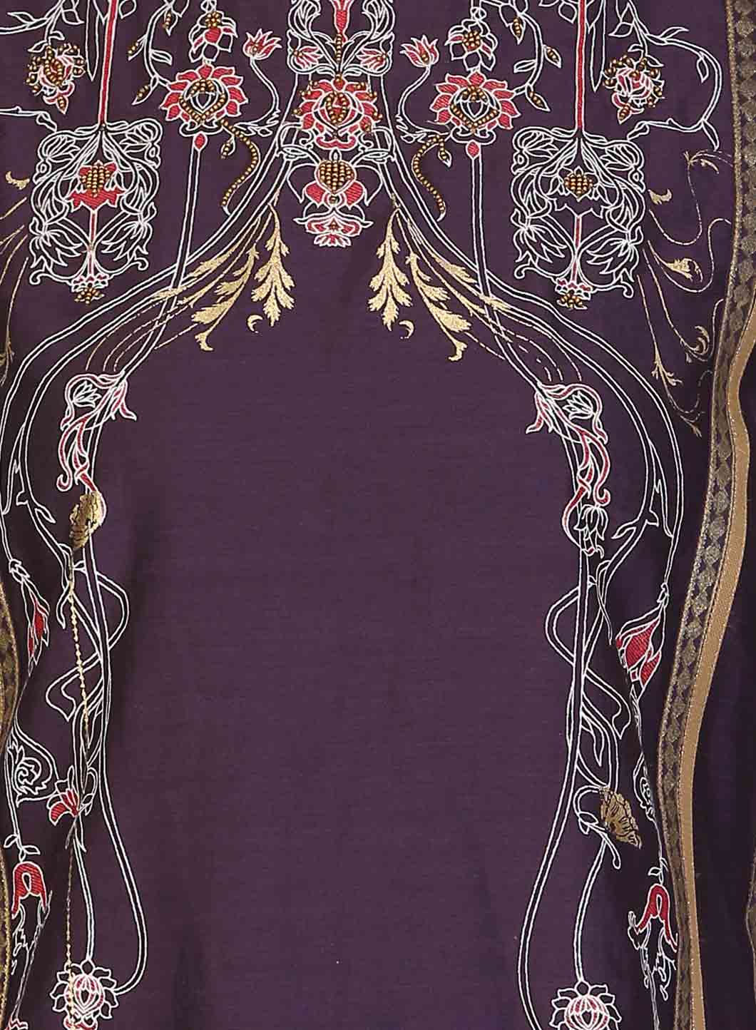 Purple Round Neck Embellished Straight kurta