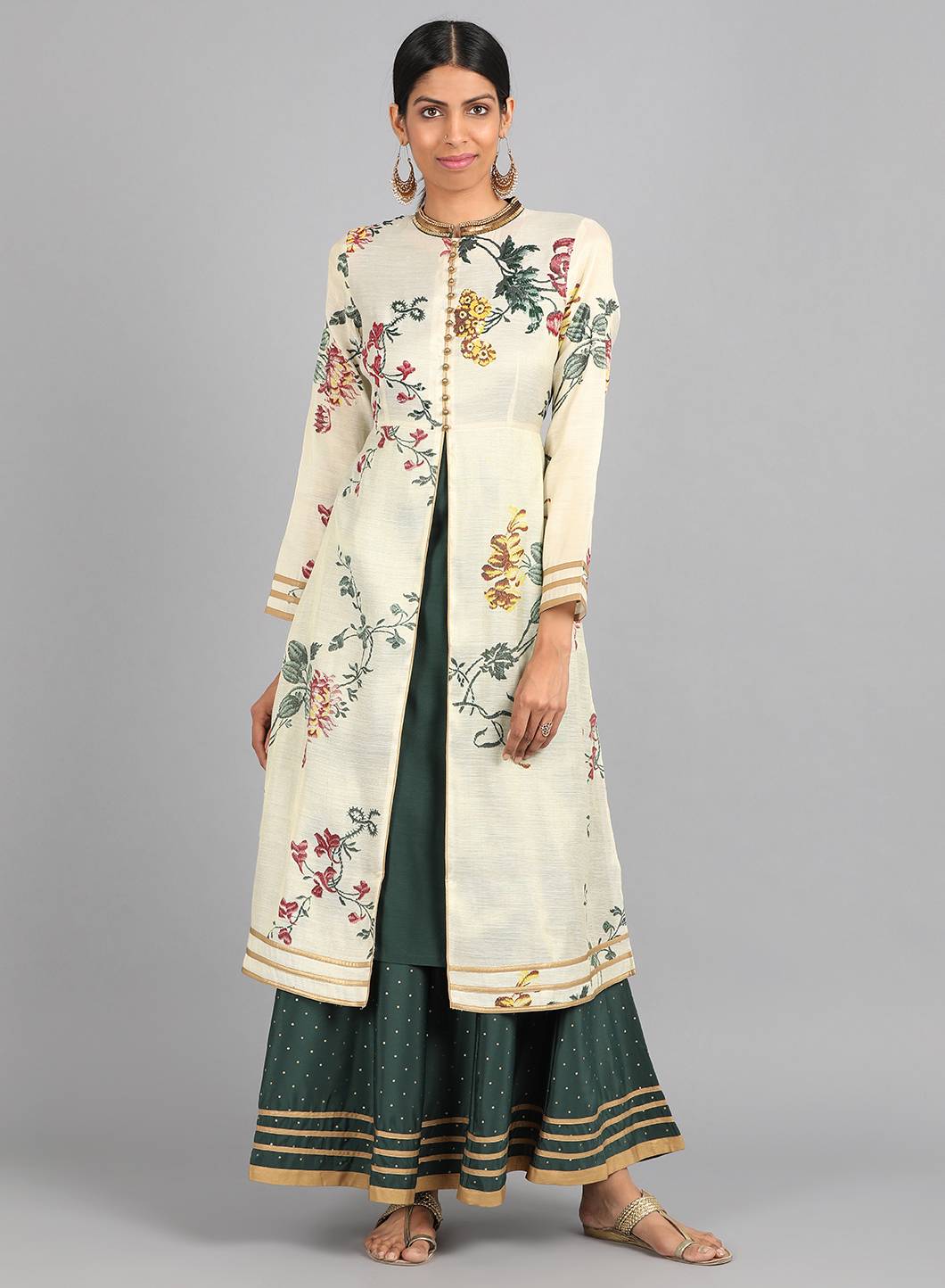 Cream Mandarin Neck Floral Print kurta