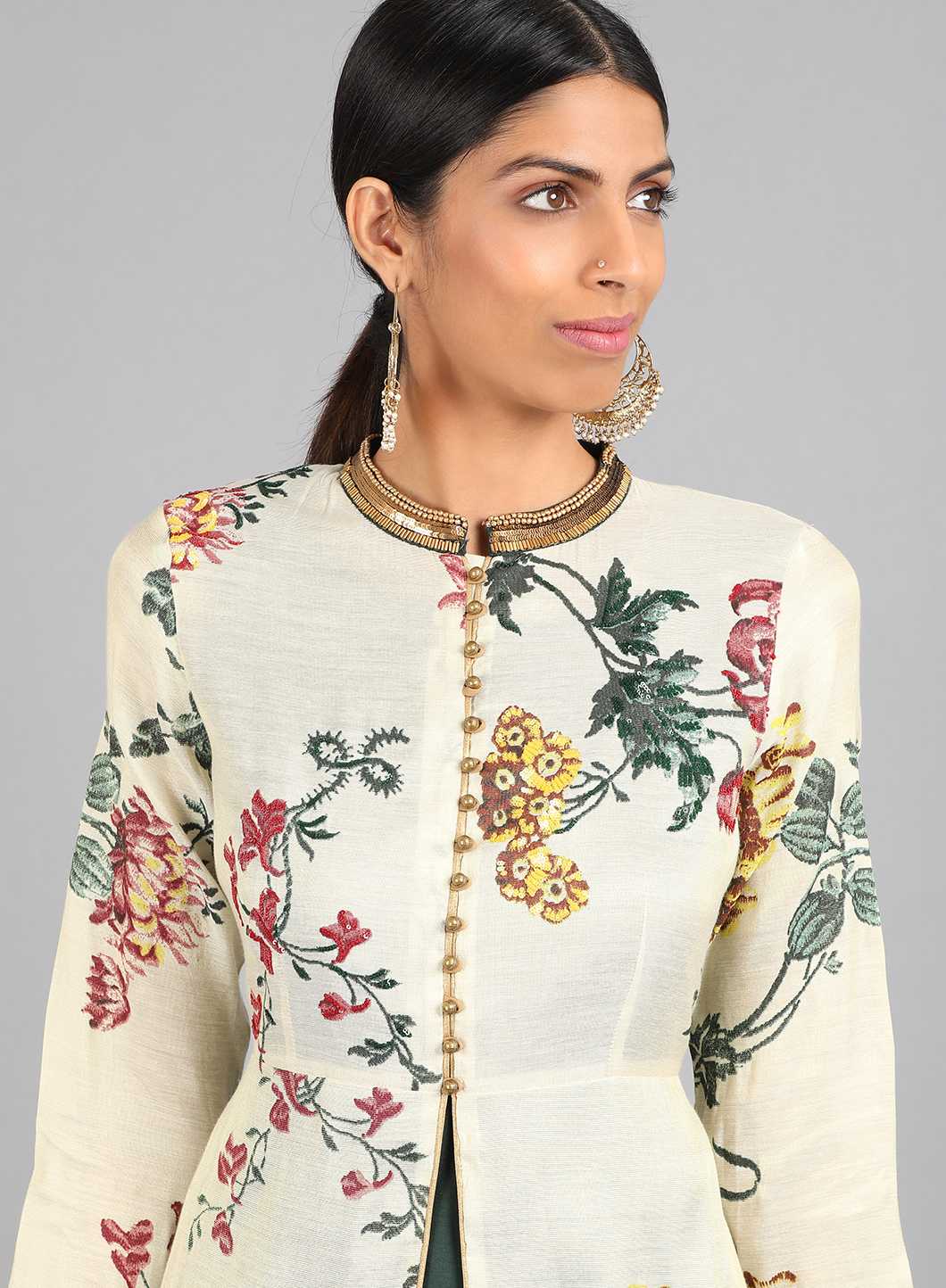 Cream Mandarin Neck Floral Print kurta