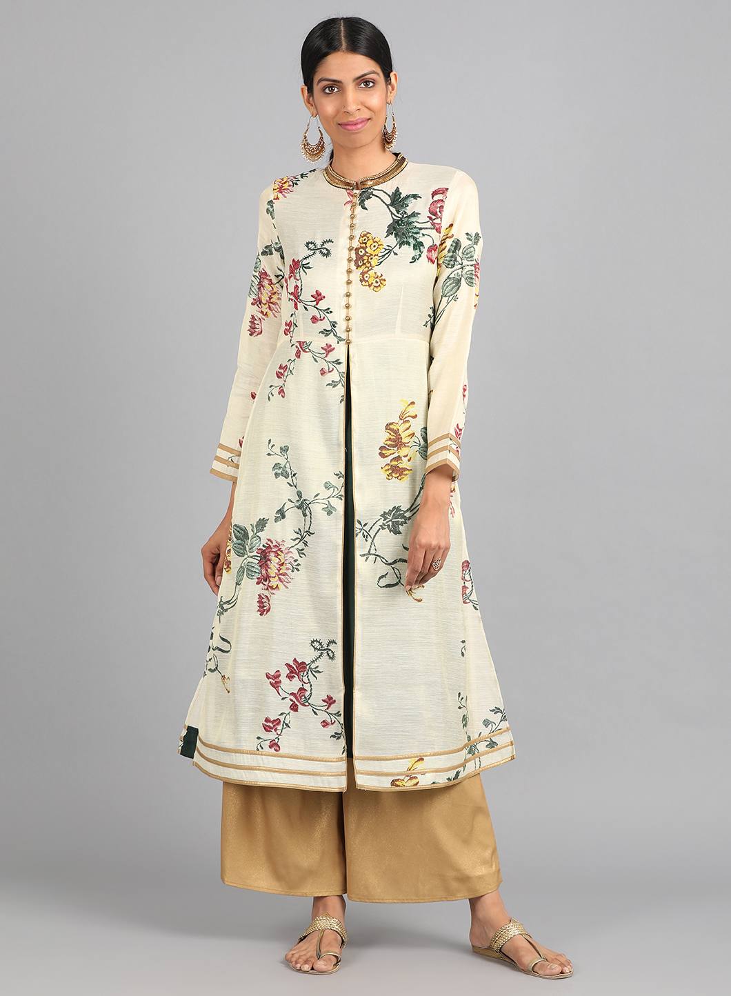 Cream Mandarin Neck Floral Print kurta
