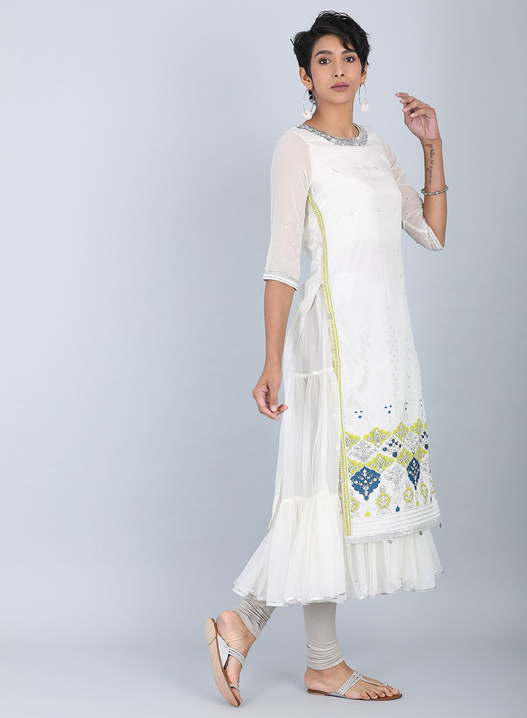 Ecru Round Neck Flared kurta