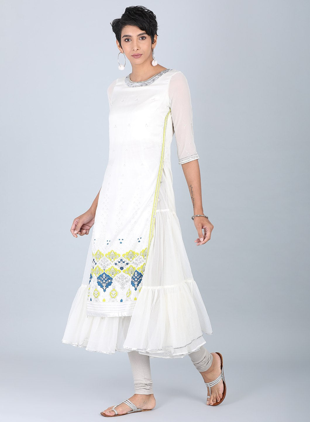 Ecru Round Neck Flared kurta