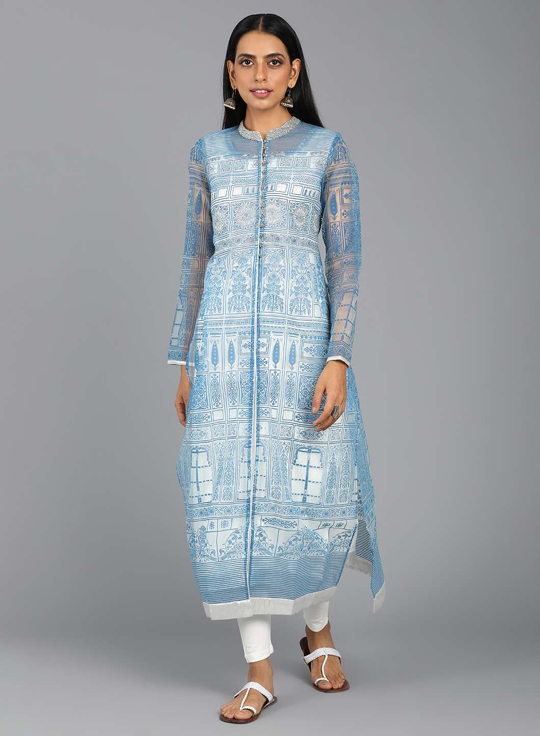 Blue Mandarin Neck Printed kurta