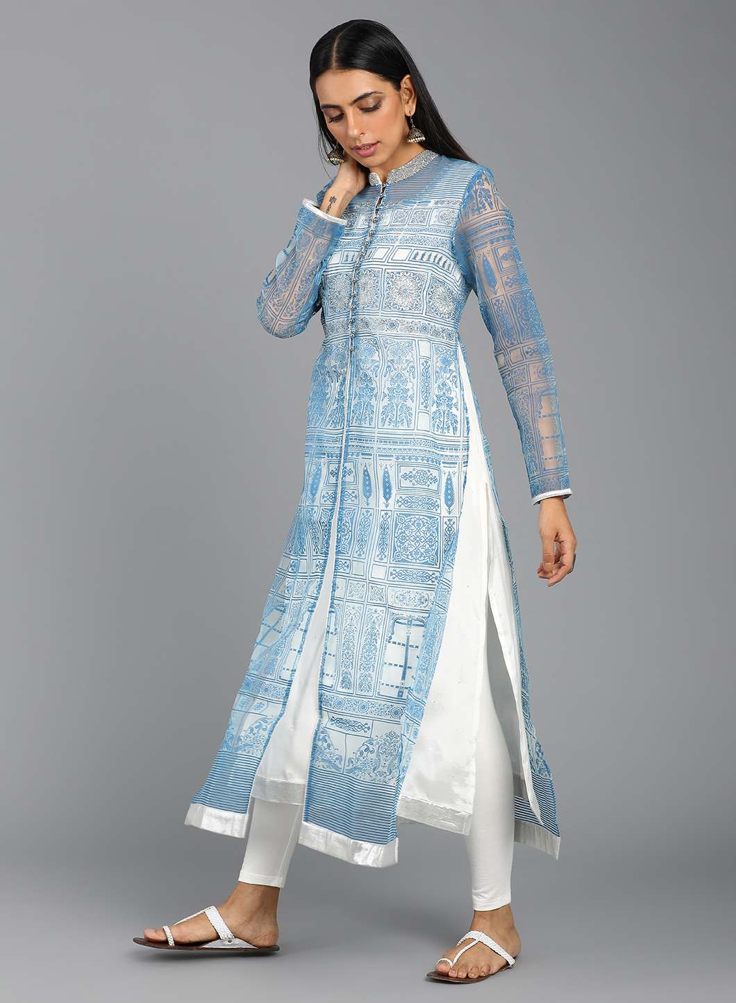 Blue Mandarin Neck Printed kurta