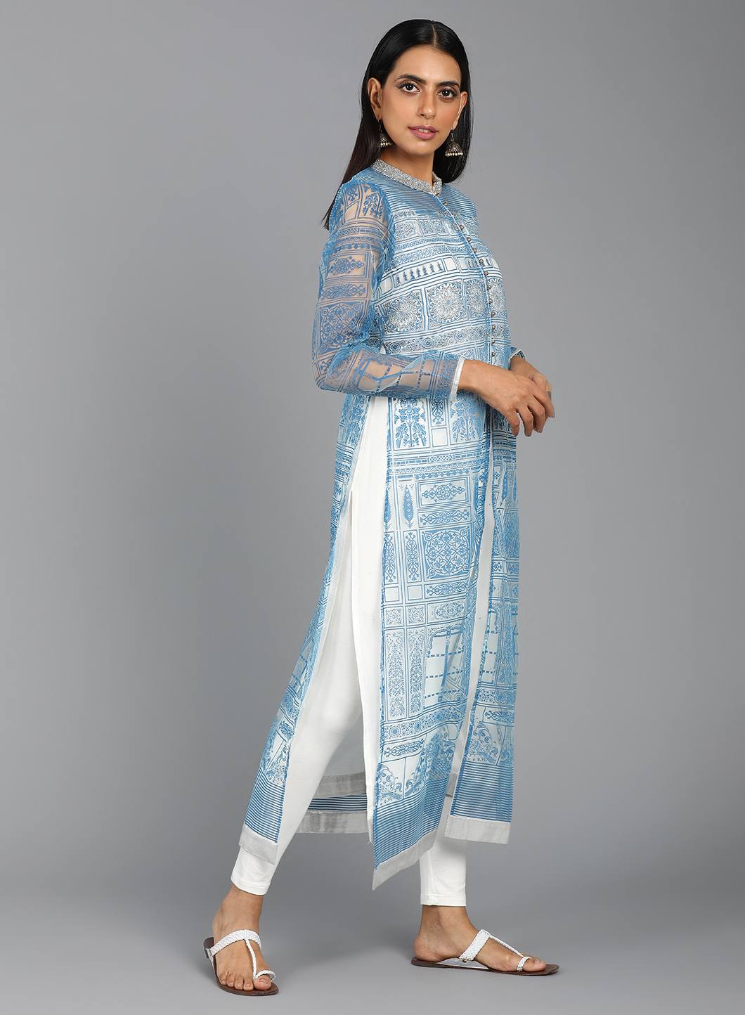Blue Mandarin Neck Printed kurta