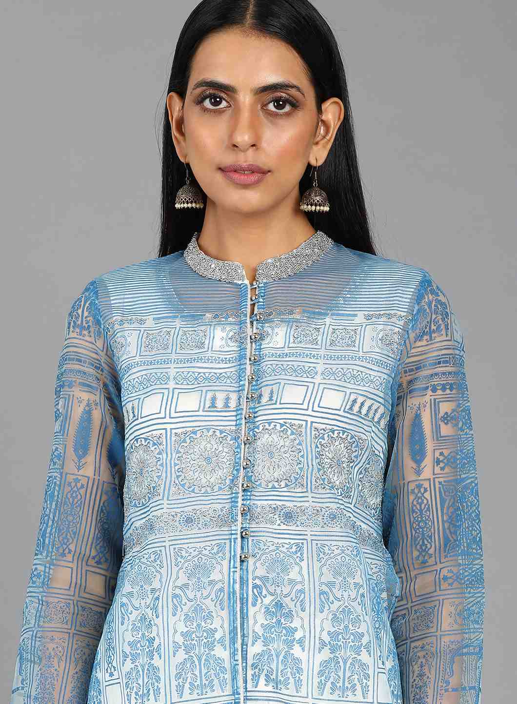 Blue Mandarin Neck Printed kurta