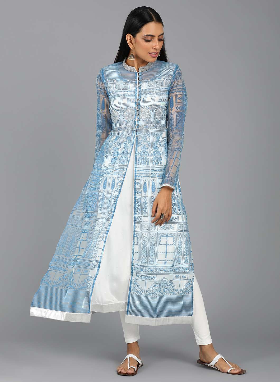 Blue Mandarin Neck Printed kurta