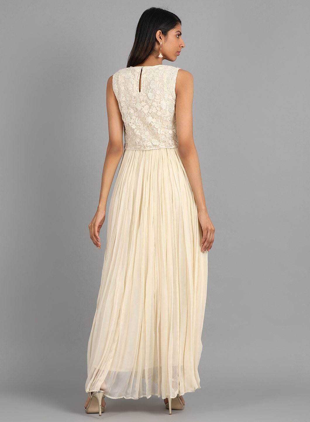 Off-White Round Neck Embellished kurta Dress