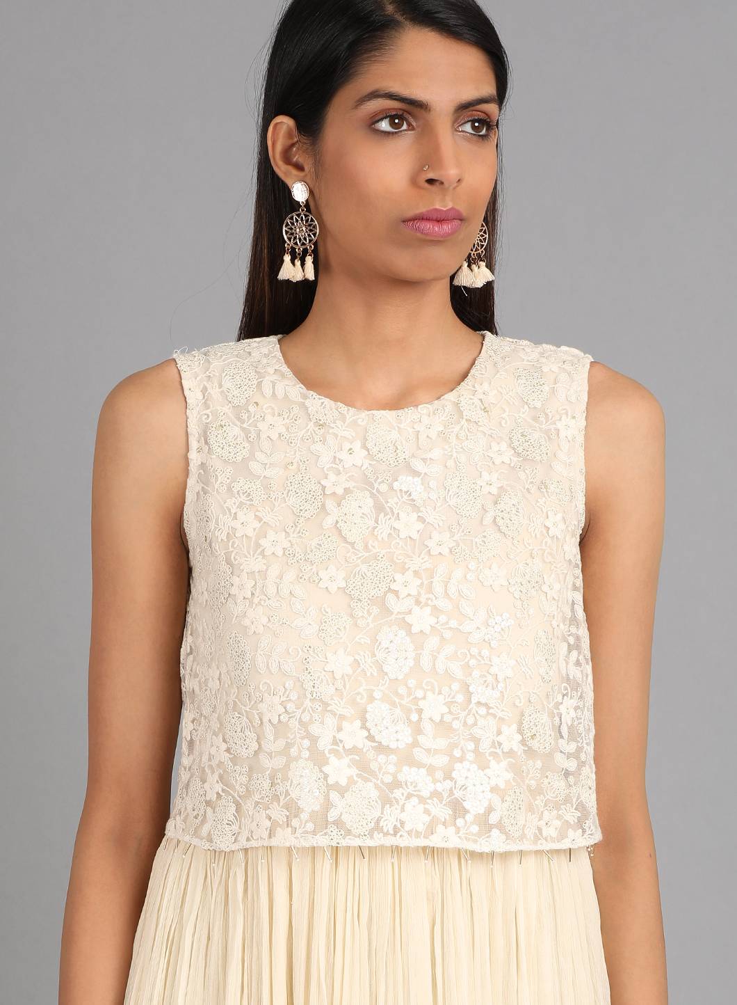 Off-White Round Neck Embellished kurta Dress