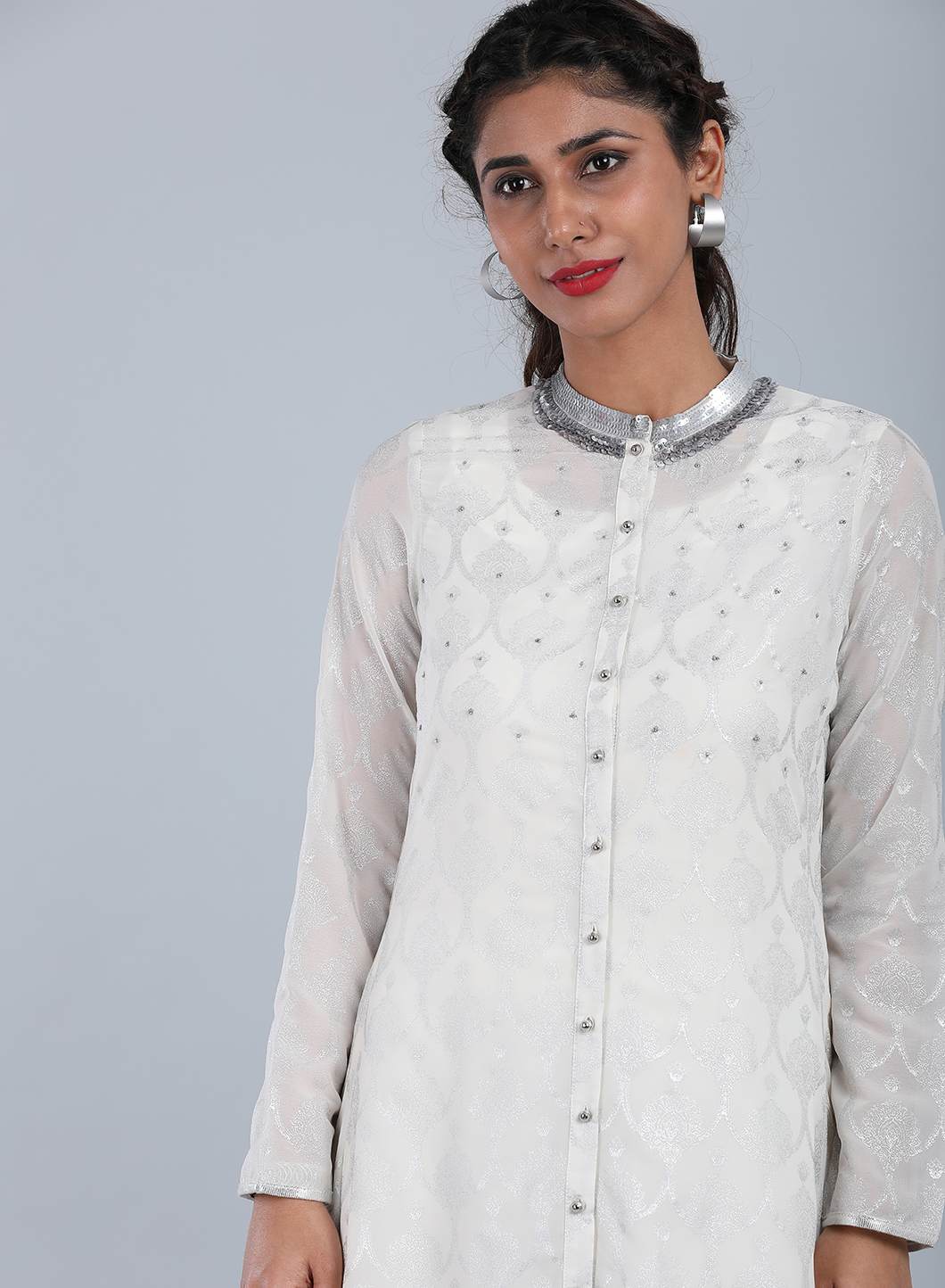 Ecru Mandarin Neck Printed kurta