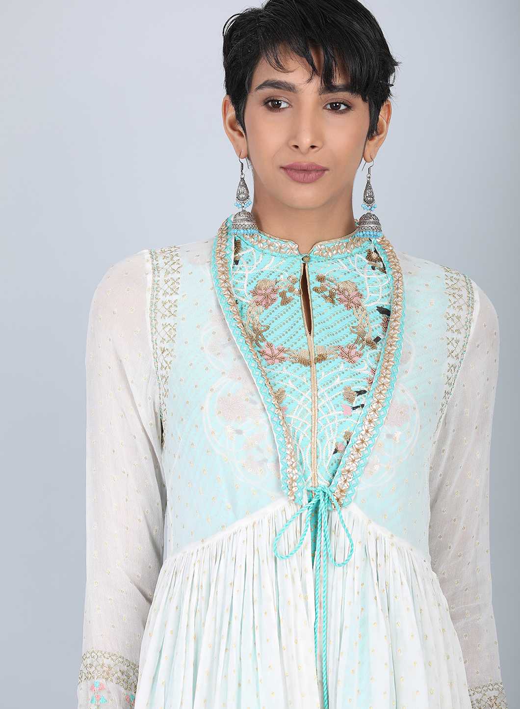 Ecru & Blue Mandarin Neck Tie-Up kurta