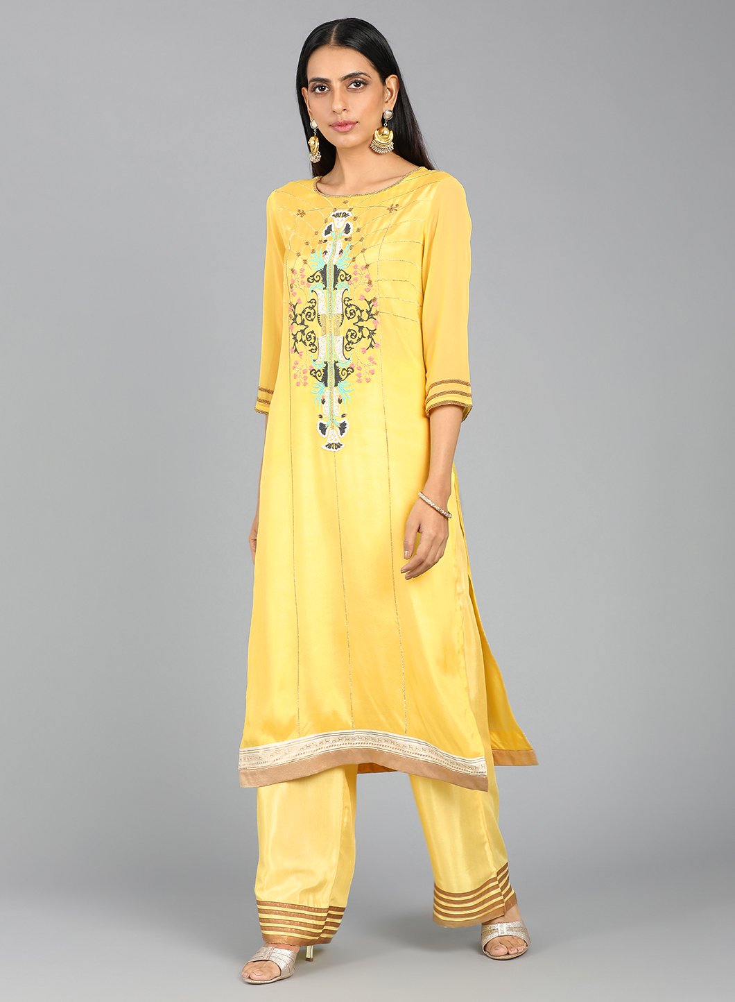 Yellow Round Neck Printed kurta