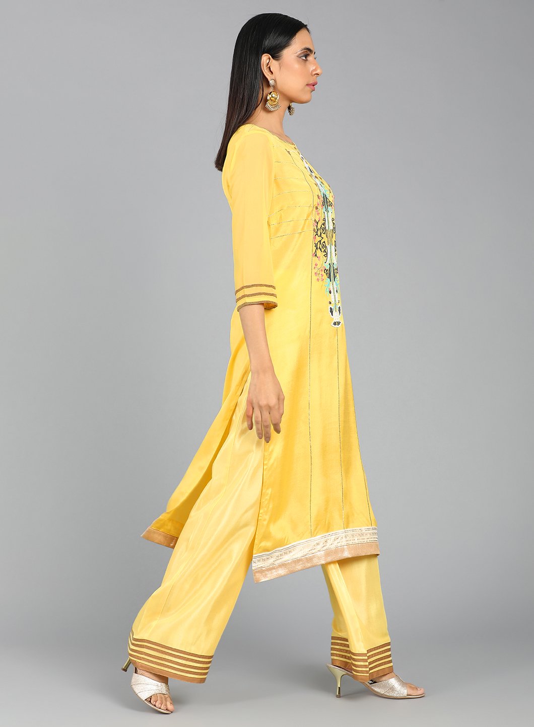 Yellow Round Neck Printed kurta