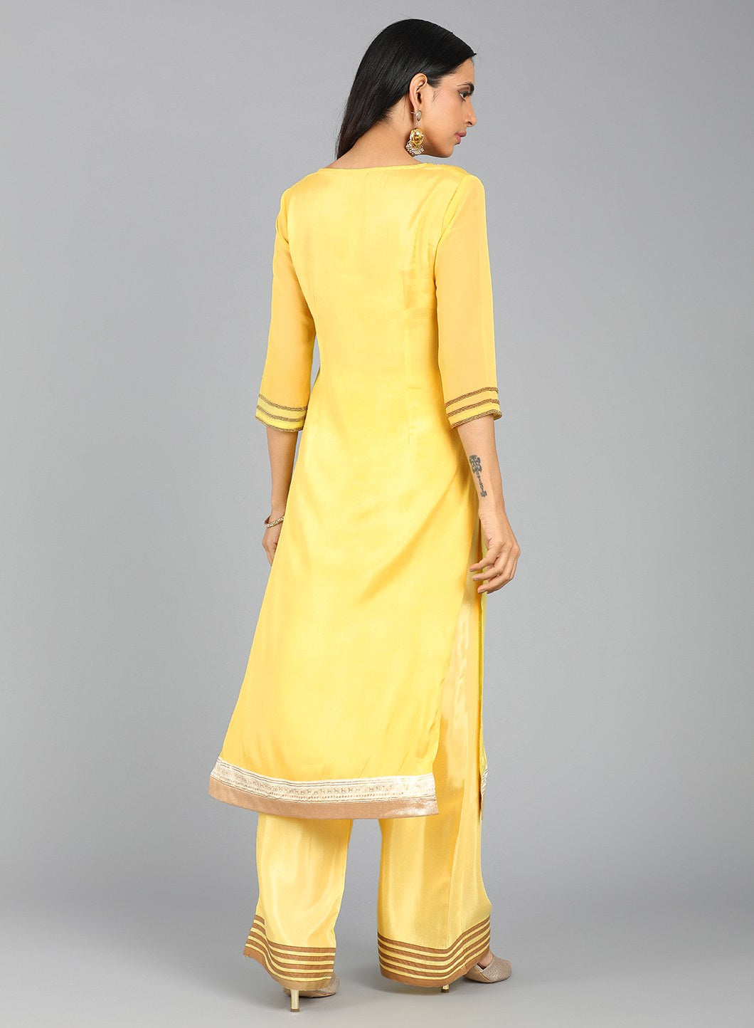 Yellow Round Neck Printed kurta